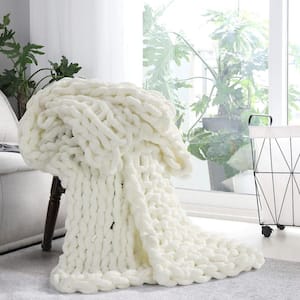 Chunky Knitted Ivory Chenille Throw Blanket