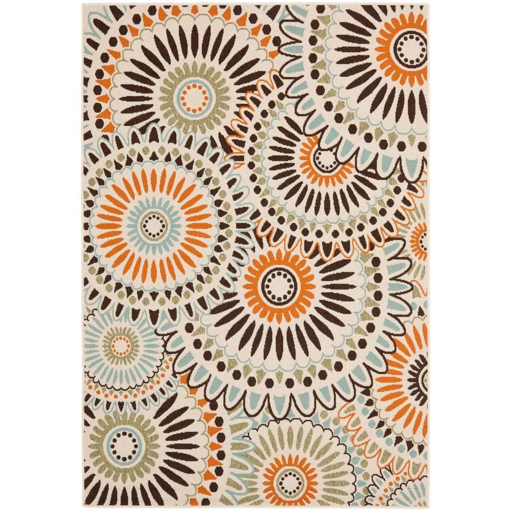 Cream and Chocolate Floral Synthetic Indoor/Outdoor Rug