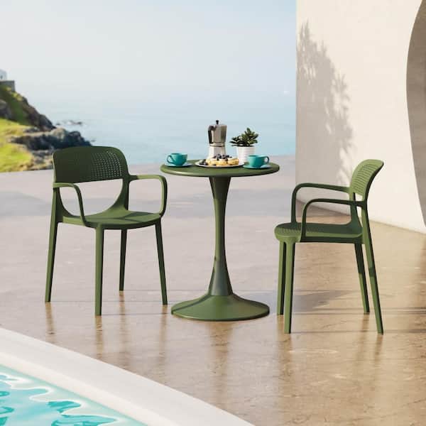 Frond and Form Outdoor Patio Assembled Poly Plastic Stacking Dining Armchair (Set of 2), Olive Green
