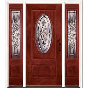59.5 in.x81.625in.Silverdale Patina 3/4 Oval Lt Stained Cherry Mahogany Lt-Hd Fiberglass Prehung Front Door w/Sidelites