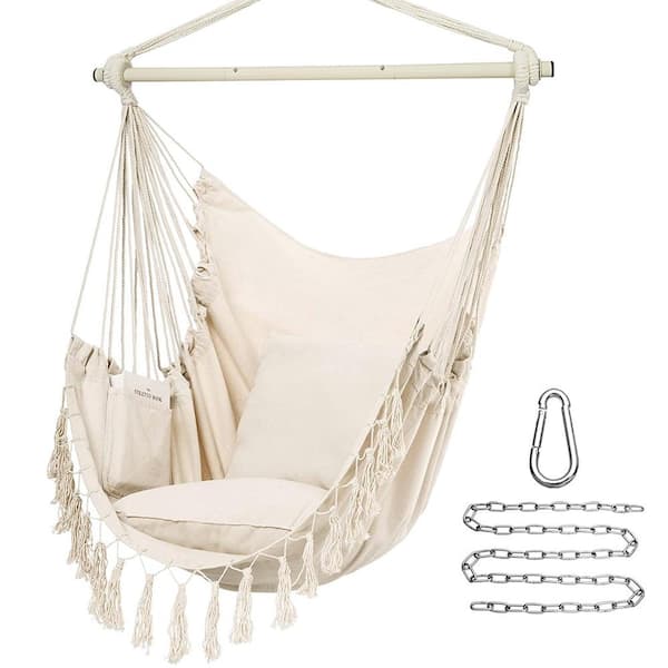 3.15 ft. Portable Hanging Rope Swing Hammock Chair with Pocket and 2 Cushions, Beige