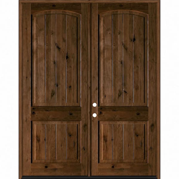 64 in. x 96 in. Rustic Knotty Alder Arch Top VG Right-Hand/Inswing BEHR Espresso Stain Double Wood Prehung Front Door