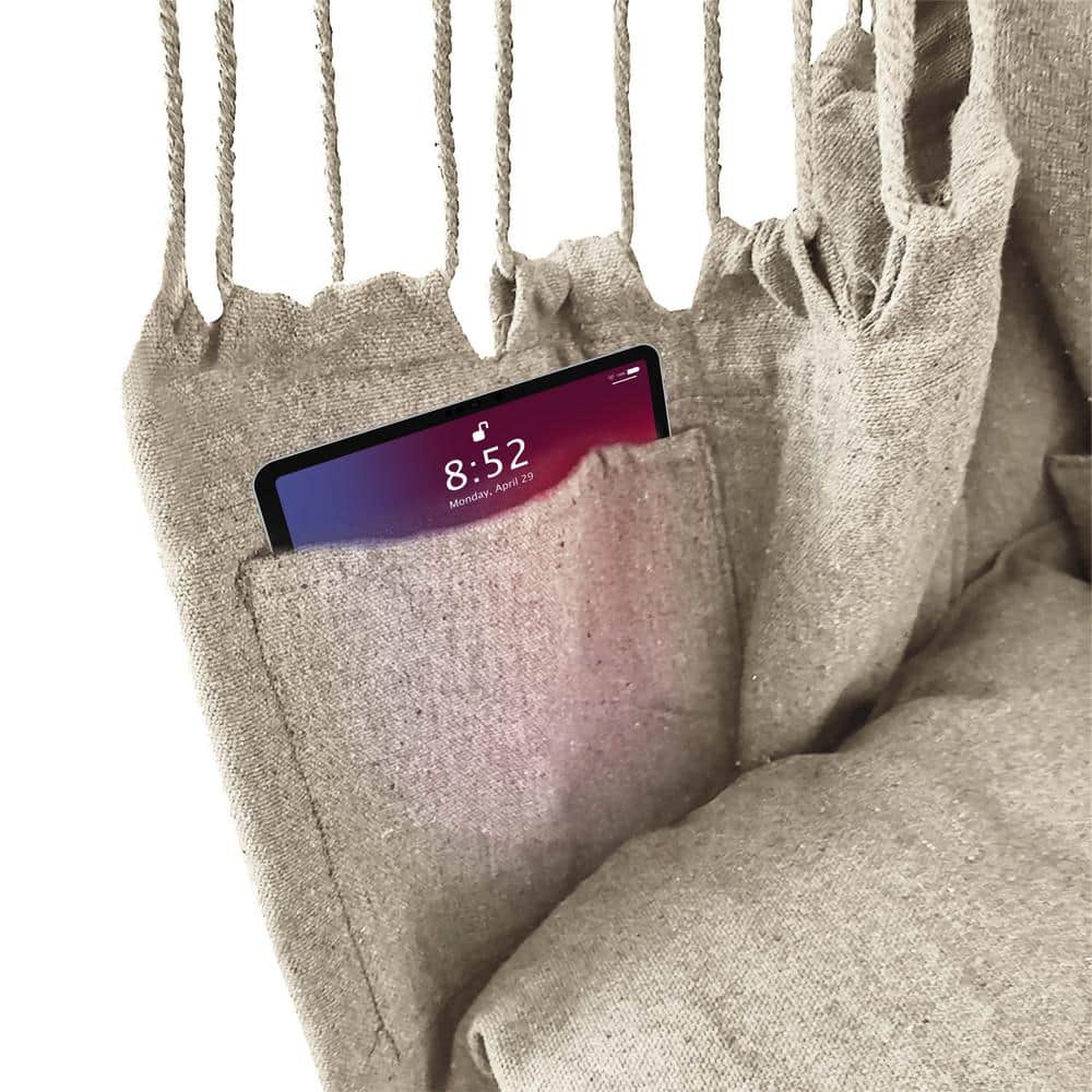 Ivory Cotton Hanging Rope Hammock Chair with Side Pocket