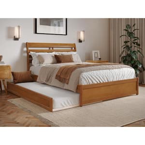 Emelie Light Toffee Natural Bronze Solid Wood Frame Full Platform Bed with Panel Footboard and Twin Trundle