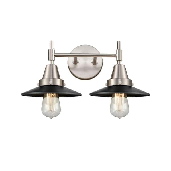 Innovations Railroad 17 in. 2 Light Satin Nickel, Matte Black Vanity Light with Black Metal Shade