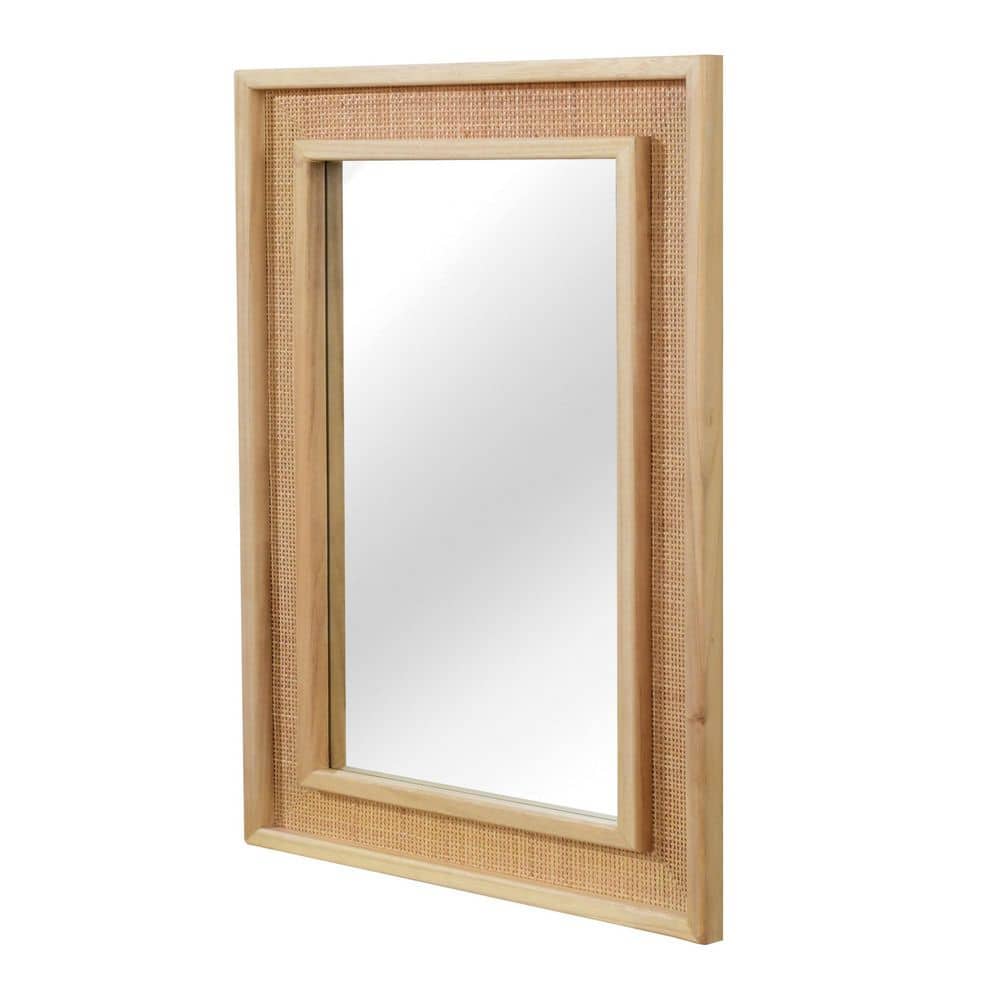 24 in.W x 36 in.H Natural Wood Rattan Rectangle Mirror, Solid Wood Frame Wall-Mounted Decorative Mirror