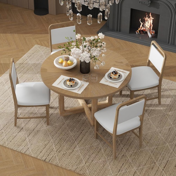 Retro Natural Wood Wash 5-Piece Round MDF Top Dining Table Set with 4 Upholstered Chairs
