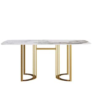 70.87 in. Rectangle Round Edge Sintered Stone Pandora Top Double Pedestal Gold Metal Base Dining Table (Seats-6)