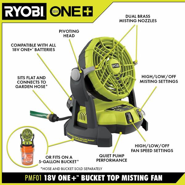 RYOBI ONE+ 18V Portable Bucket Top Misting Fan Kit with 1.5 Ah Battery and  18V Charger PMF01K - The Home Depot