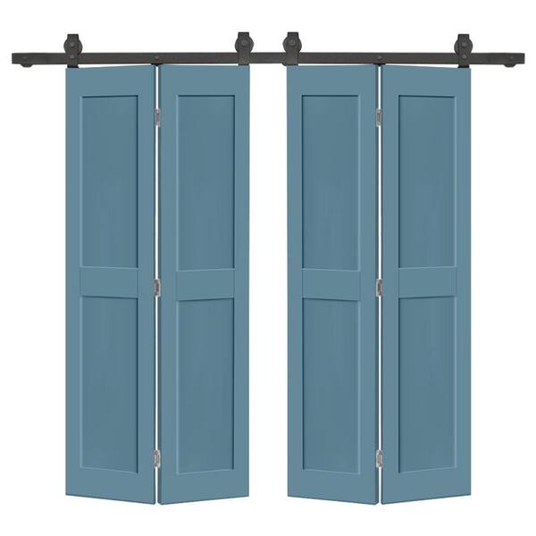 CALHOME 44 in. x 80 in. 2 Panel Shaker Hollow Core Dignity Blue Composite Double Bi-fold Door with Barn Door Hardware Kit