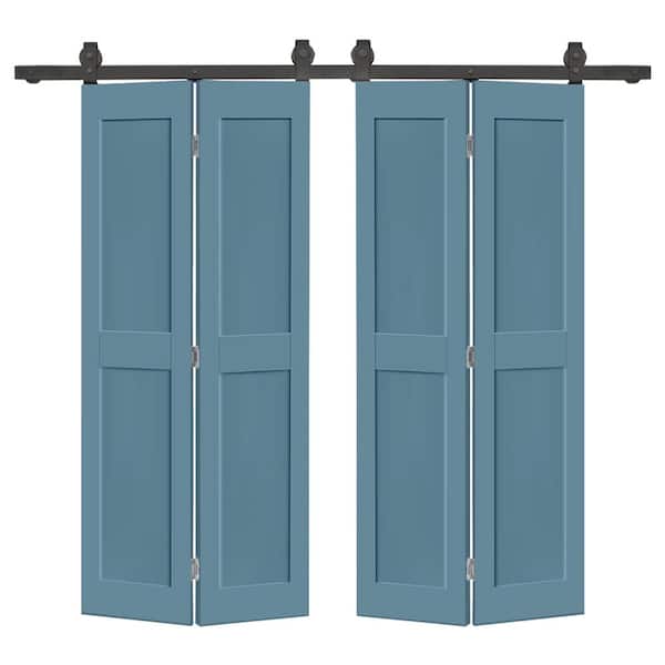 CALHOME 60 in. x 80 in. 2 Panel Shaker Hollow Core Dignity Blue Composite Double Bi-fold Door with Barn Door Hardware Kit
