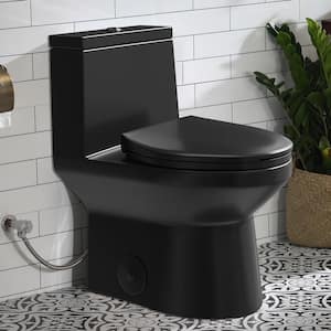 1-piece 0.8 GPF/1.28 GPF High Efficiency Dual Flush Elongated Toilet in Black Soft-Close Seat Included ADA Height