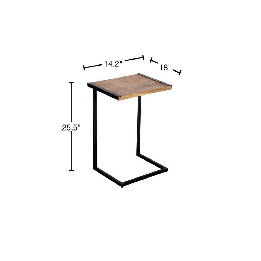 C-Shaped Mango Wood and Metal End Table, Brown and Black