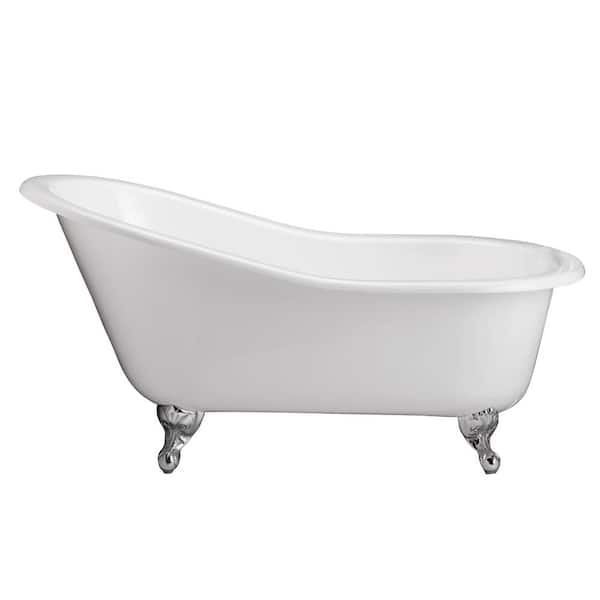 Barclay Products Grayson 57 in. Cast Iron Slipper Clawfoot Non-Whirlpool Bathtub in White with No Faucet Holes and Brushed Nickel Feet