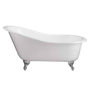 Grayson 57 in. Cast Iron Slipper Clawfoot Non-Whirlpool Bathtub in White with No Faucet Holes and Polished Brass Feet