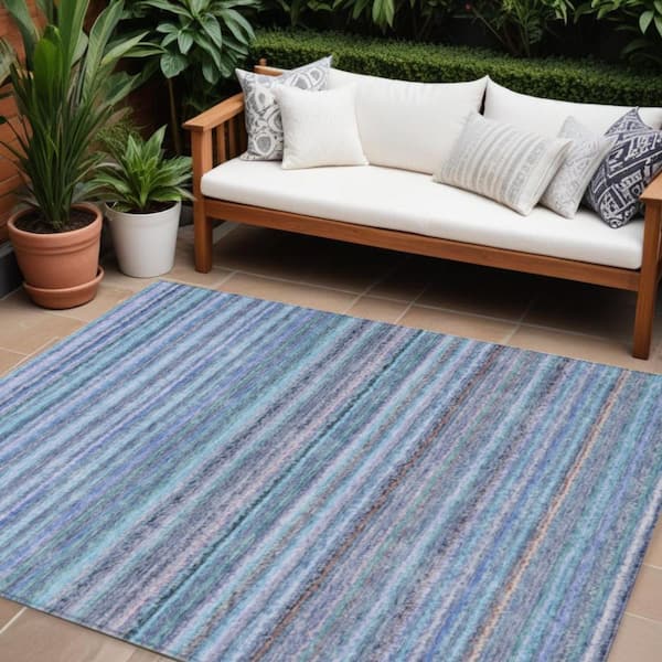 Sky Blue, Navy Blue 9 ft. x 12 ft. Woven Striped Polyester Rectangle Indoor / Outdoor Area Rug