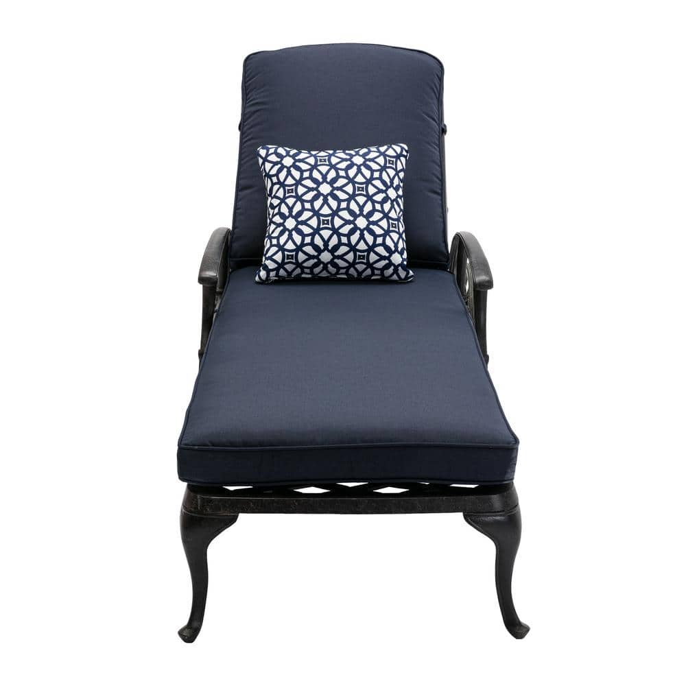 Black Cast Aluminum Outdoor Chaise Lounge Chair with Navy Blue Cushion and 