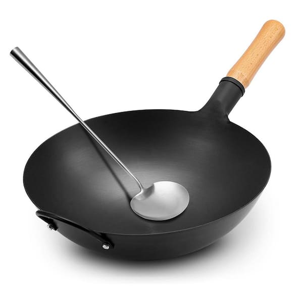14.17in Round Bottom Wok Black Iron Nitride Coating Nonstick Chemical-Free Electric Coil Gas Wood Handle, Carbon Steel