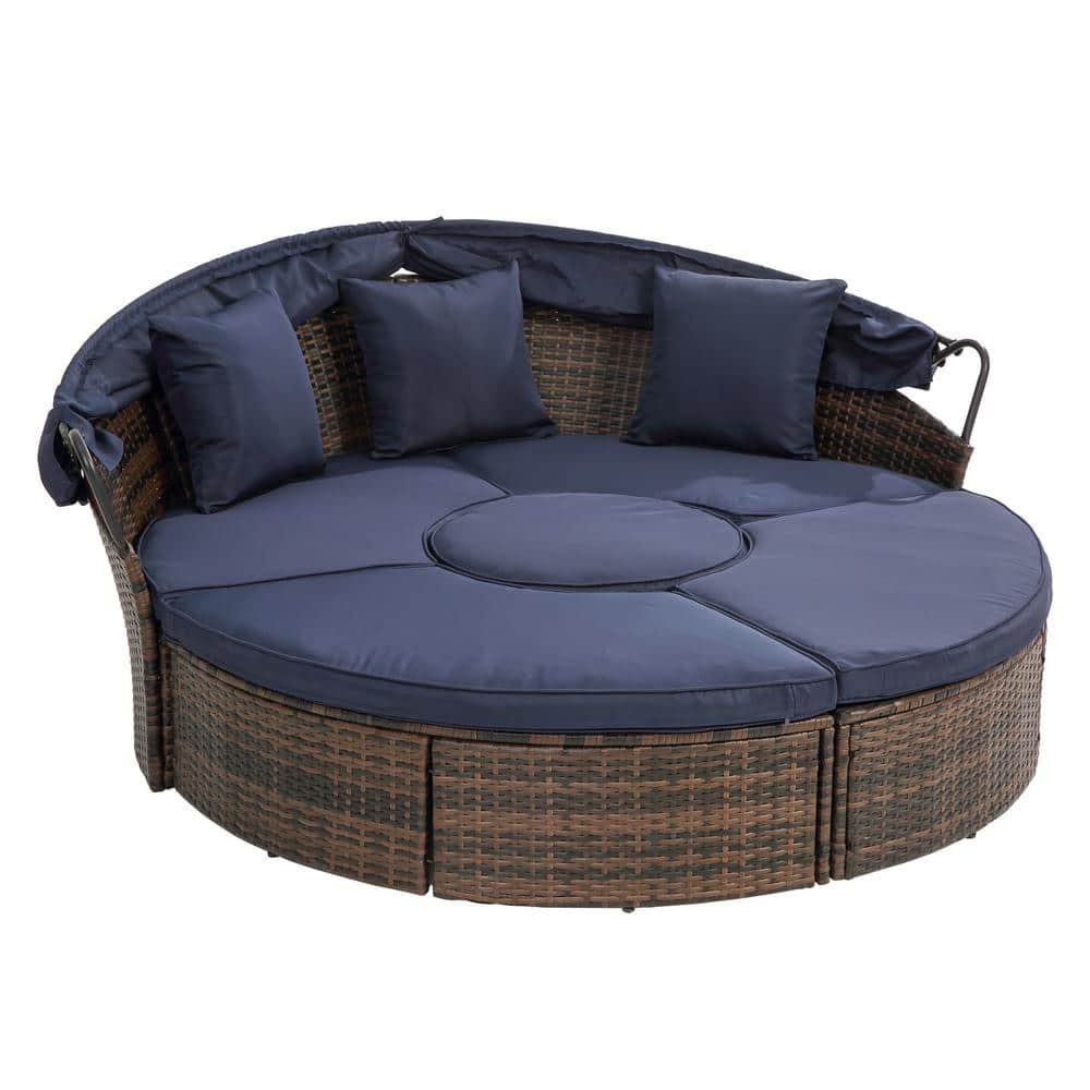 Wicker Rattan Outdoor Round Lounge Daybeds with Navy Blue Cushions and Lift