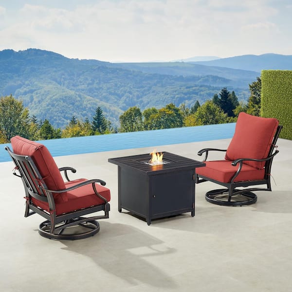 Oakland Living Black 5-Piece Aluminum Patio Fire Table Set with Red Cushions