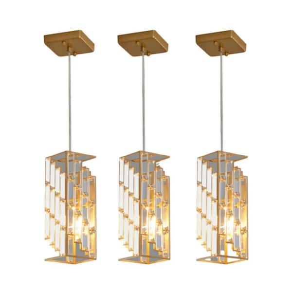 60-Watt 3 Light Gold Shaded Kitchen Pendant Light with Prism Design Crystal Shade, No Bulbs Included