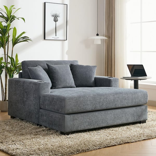 Julia 55 in. Gray Chenille Upholstered Square Arm Chaise Lounge with Charging Ports, Cup Holders, Pillows