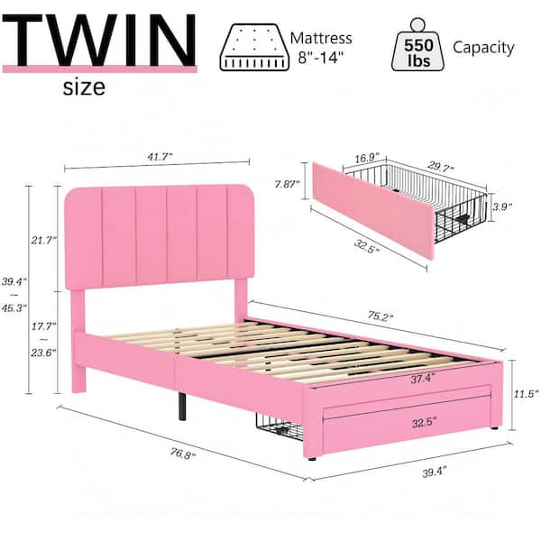 Platform Storage Bed Pink Metal Frame Twin Platform Bed with Velvet Upholstered Headboard and 1 Drawer