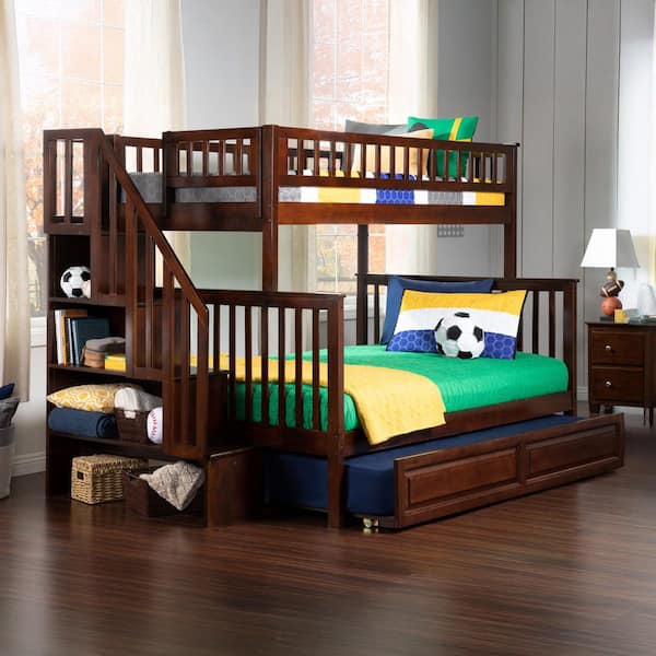 AFI Woodland Staircase Bunk Bed Twin over Full with Twin Size Raised Panel Trundle Bed in Walnut
