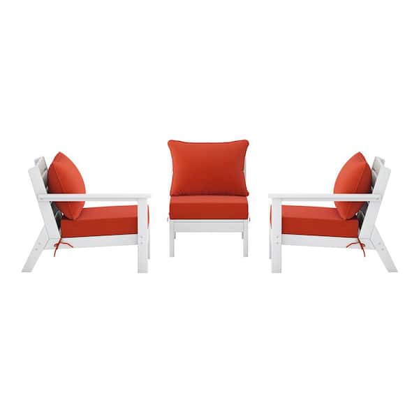 Birchwood White Arrangeable 3-Piece HDPE Deep Seating Outdoor Patio Conversation Sofa Arm Chair Set w/ Orange Cushions