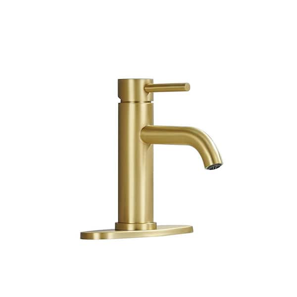 7 in. H Single Handle Single Hole Stainless Steel Bathroom Faucet with Deckplate and Pop Up Drain in Brushed Gold