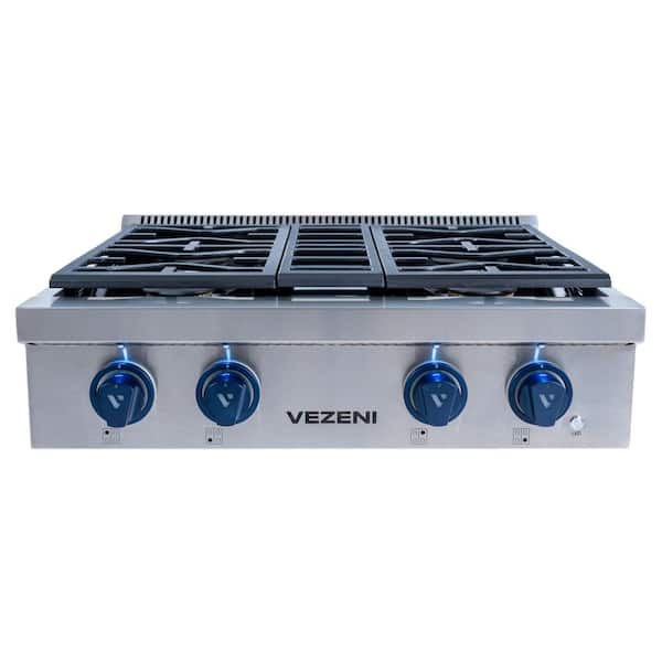 Randolph Pro 30 in. 4 Burners Burner Grate Natural Gas Cooktop in Stainless Steel, Blue Knobs