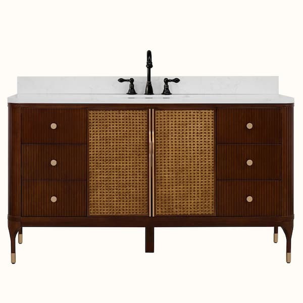 WH2960-S-BB-KD 60 in. Double Sink Vanity Brown Birch Finish Bath Vanity with White 1 in. Engineered Marble Top