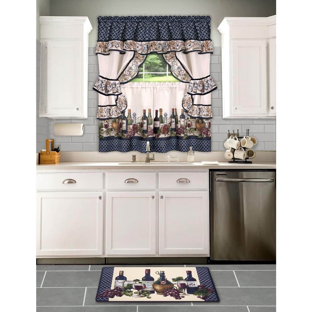 Navy Floral Print Polyester Kitchen Tier Curtain Set