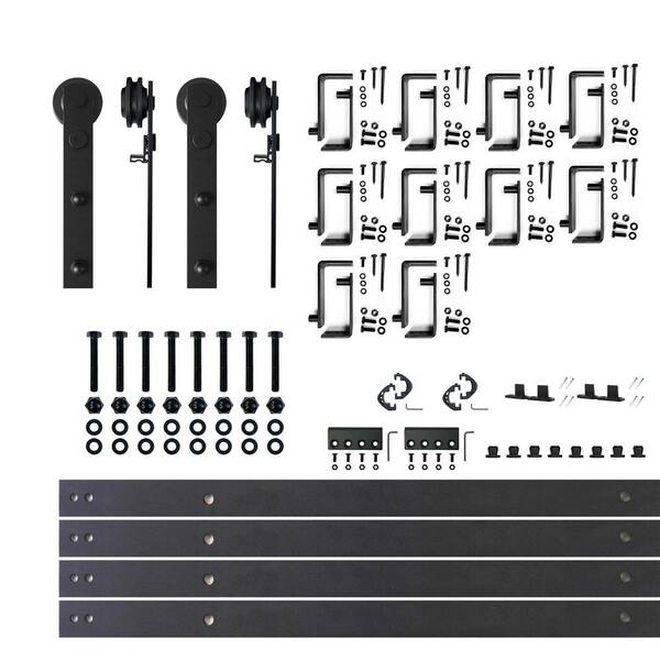 HOMACER 14 ft./168 in. Black Rustic Double Track Bypass U-Shape Sliding Barn Door Hardware Kit - Straight Design Roller