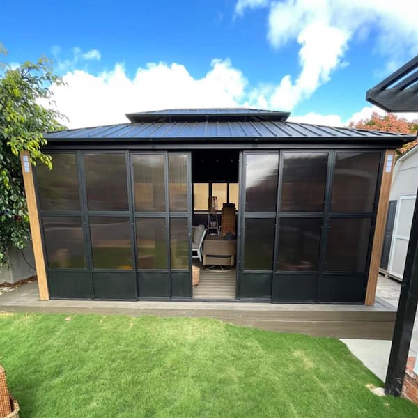 Hardtop Gazebo 12 ft. x 16 ft. Brown Aluminum Sunroom Gazebo with Double Top, Mesh Screens & 24 Lights