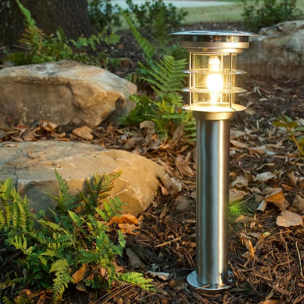 GAMA SONIC Stainless Steel Silver Bollard Light Outdoor Waterproof Garden Solar Warm White LED Pathway Landscape Light (2-Pack)