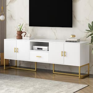 White TV Stand Fits TV's up to 70 in. with 1-Drawer, 2-Cabinets and Metal Legs, Handles and Anti-Tip Device