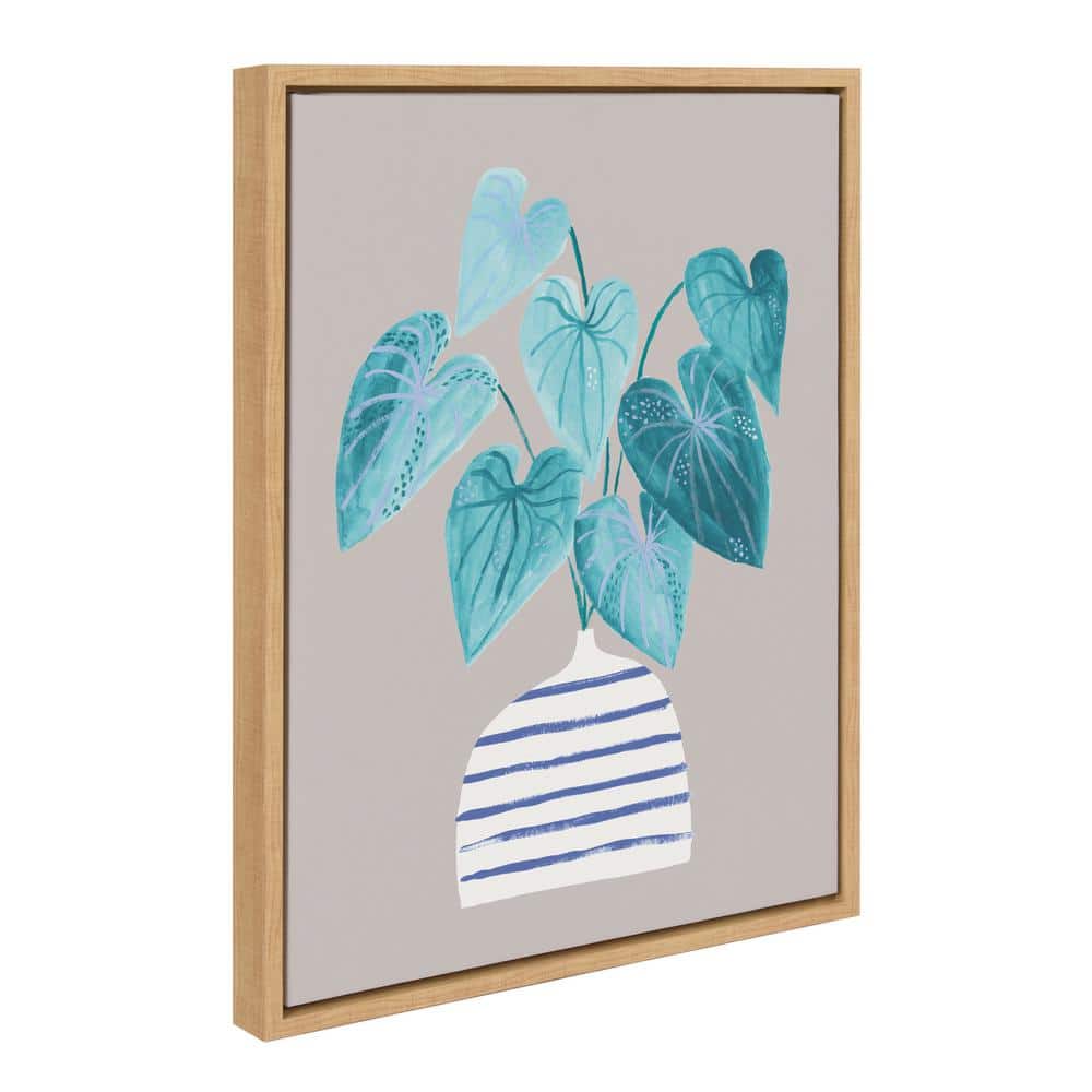 Minimalist Blue and Gray Houseplant Canvas Print with Natural Frame