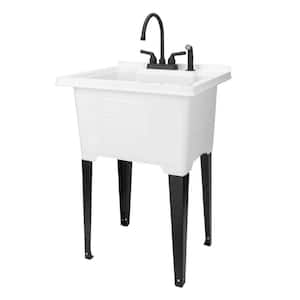 25 in. x 21.5 in. ABS Plastic Freestanding Utility Sink in White - Matte Black Gooseneck Faucet, Side Sprayer
