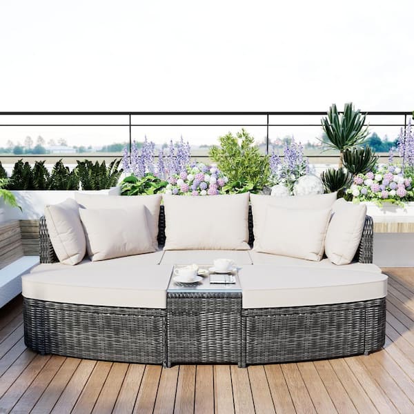Unbranded 6-Piece Gray Wicker Outdoor Round Sectional Set with Coffee Table and Beige Cushions