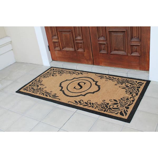 First Impression Hand Crafted Ella Entry X-Large Double Black/Beige 36 in. x 72 in. Flocked Coir Monogrammed S Door Mat