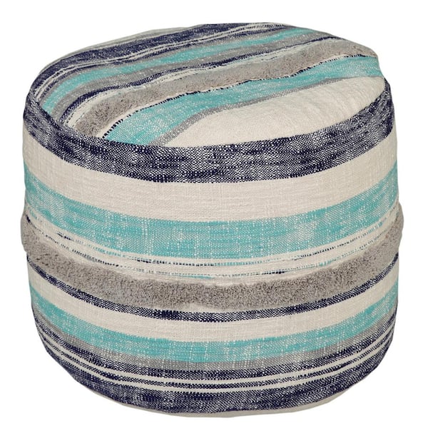 HomeRoots Amelia Blue Cotton Round Accent Ottoman