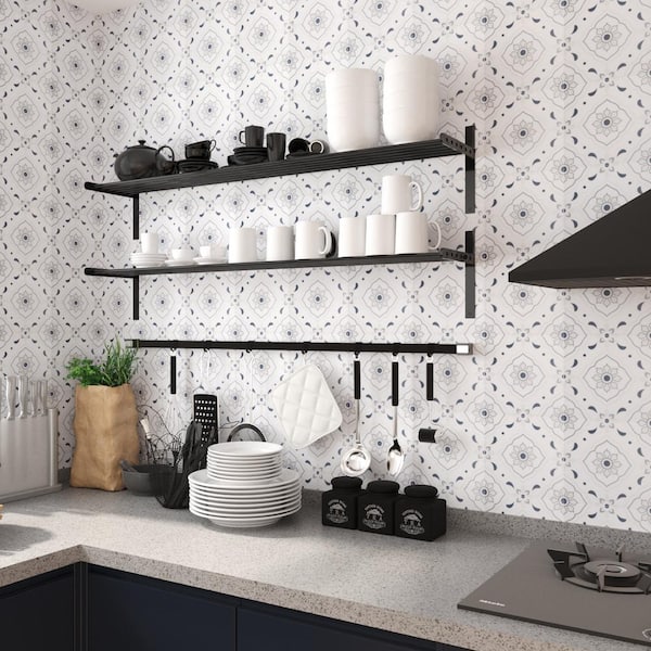 8 in. x 8 in. Floral Gray and White Peel and Stick Wall Tiles, PVC Wall Backsplash (10-Pack, Cover 4.36 sq. ft.)