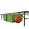 Metal platform bed base frame with storage bins and a basketball.