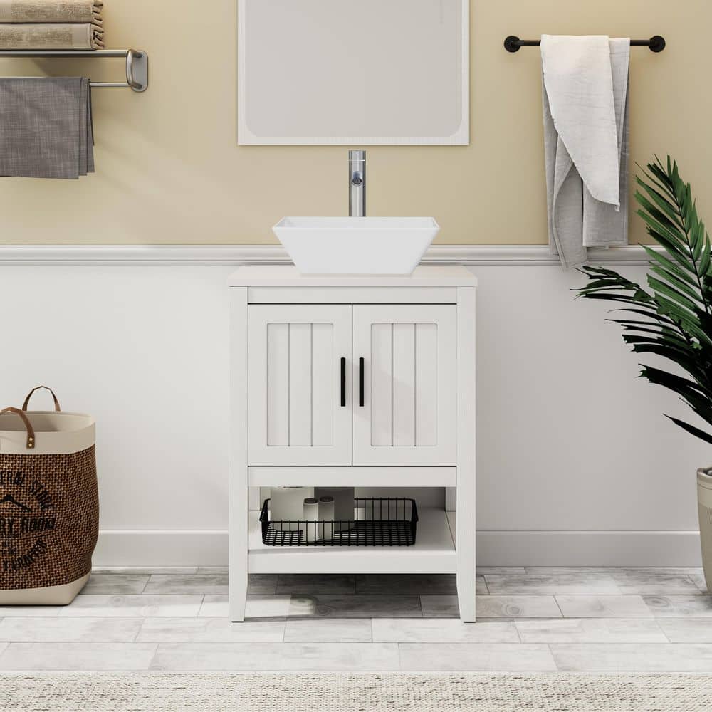 24 in. W x 20 in. D x 32 in. H Single Sink Freestanding White Bath Vanity with White Square Ceramic Vessel Sink Top price history on PriceWatchPro