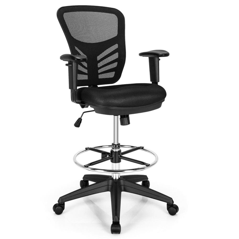 Sponge Seat Mesh Drafting Chair with Adjustable Armrests and Foot-Ring, Black -  ANGELES HOME, SA10-9CB139DK