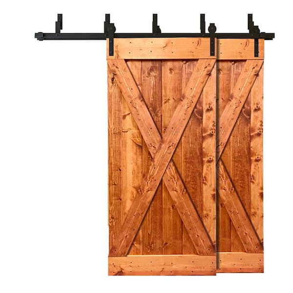 CALHOME 76 in. x 84 in. X Series Bypass Red Walnut Stained Solid Pine Wood Interior Double Sliding Barn Door with Hardware Kit