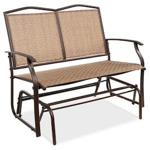 Brown 2-Person Metal Outdoor Glider, Patio Loveseat, Fabric Bench Rocker for Porch with Armrests
