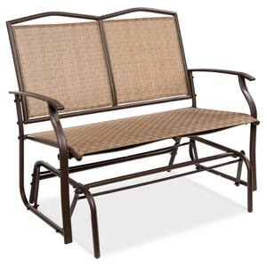 Brown 2-Person Metal Outdoor Glider, Patio Loveseat, Fabric Bench Rocker for Porch with Armrests