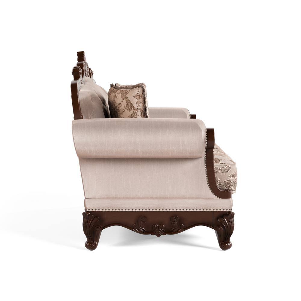Light Brown Floral Fabric Camelback Loveseat with Nailhead Trim